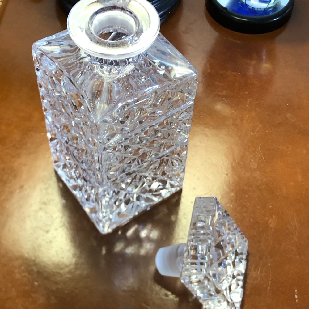 Vintage Square Crystal Decanter with Diamond Cut Pattern and Stopper
